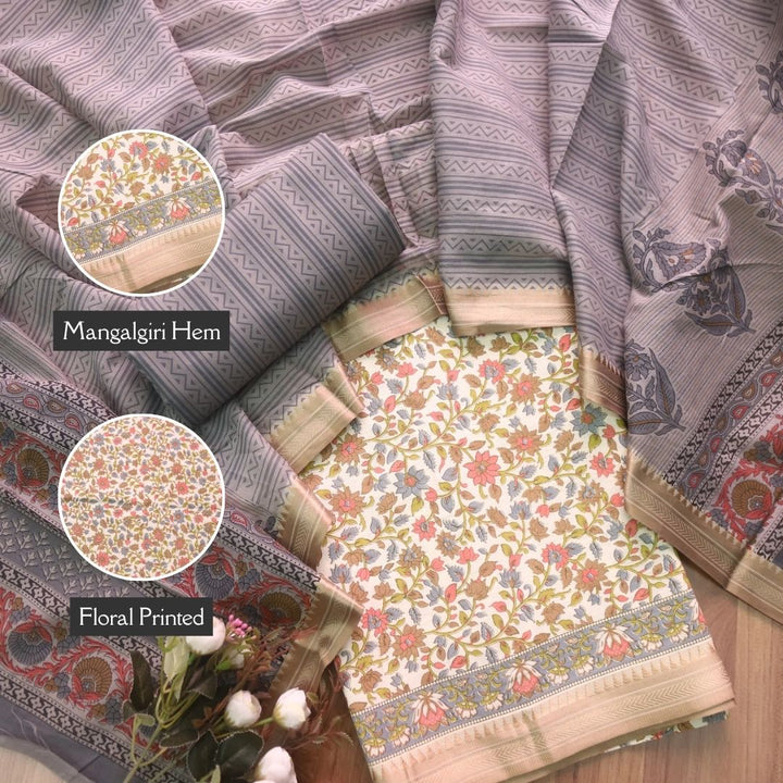 जीनत White with Grey Floral Printed Mangalgiri Hem Work Cotton Suit Set