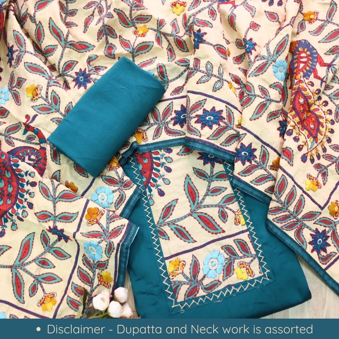 Farishta Cerulean Teal Kantha Phulkari Fusion Work Glazed Cotton Suit Set D2