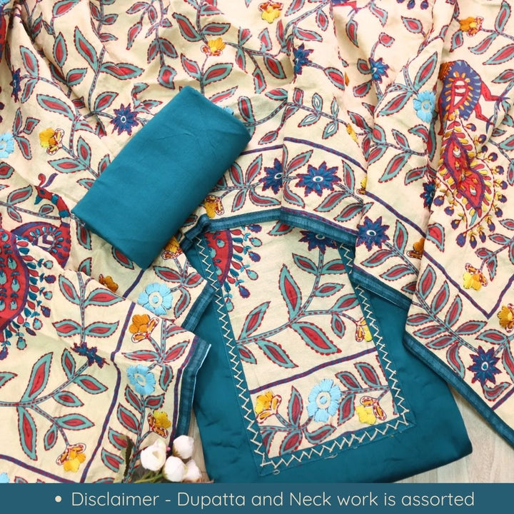 Farishta Cerulean Teal Kantha Phulkari Fusion Work Glazed Cotton Suit Set D2