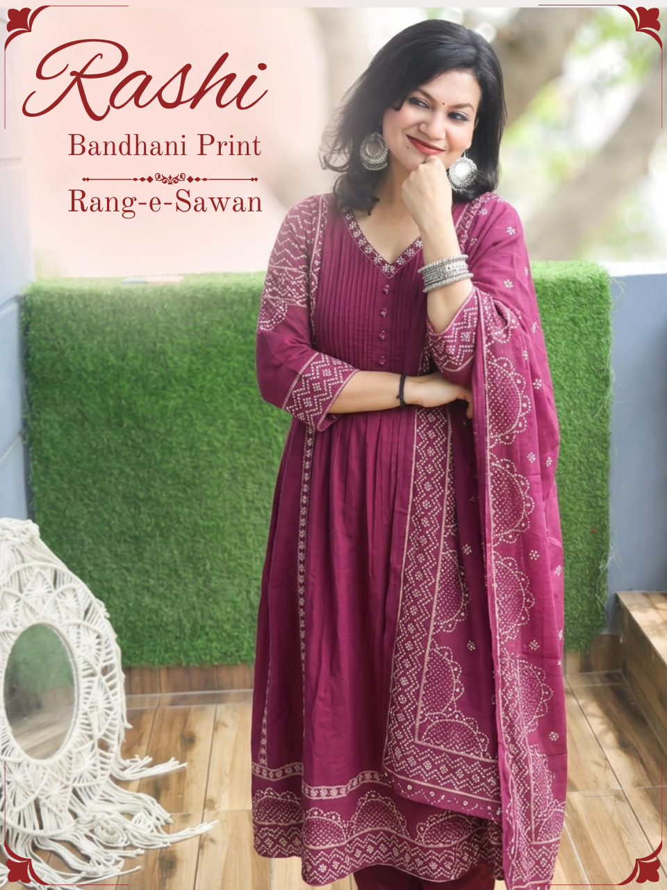 Rashi Wine Purple Bandhani Gathered Cotton 3 PIece Set