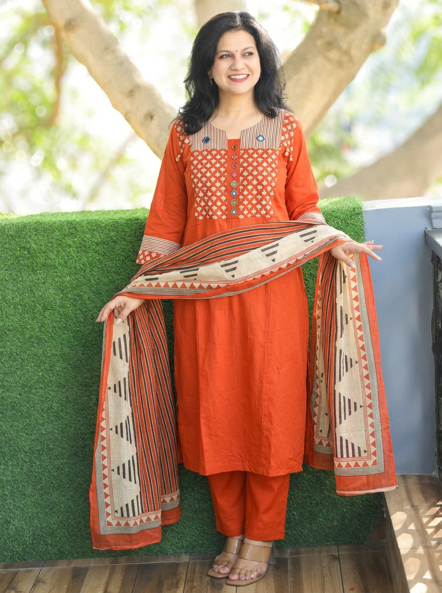 Jessica Rust Orange Mirror Yoke Cotton 3 Piece Set