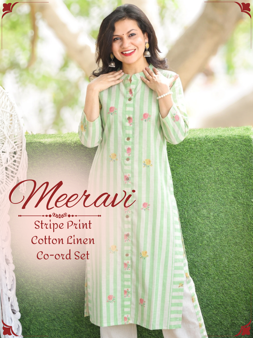 Meeravi Green White Stripe Print Cotton Linen Co-ord Set
