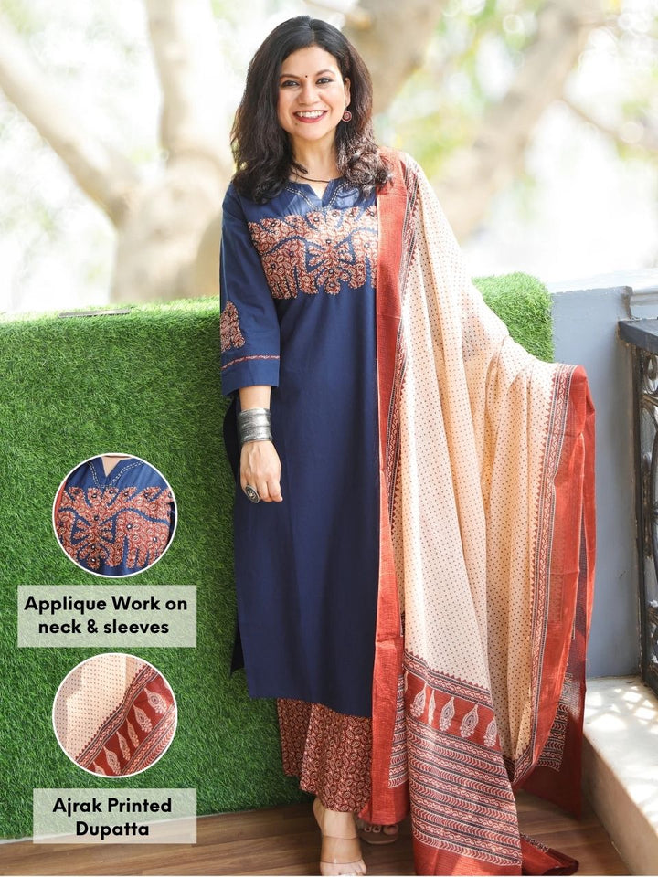Pankhudi Royal Blue Hand Applique with Kantha and Mirror Work Cotton 3 Piece Set