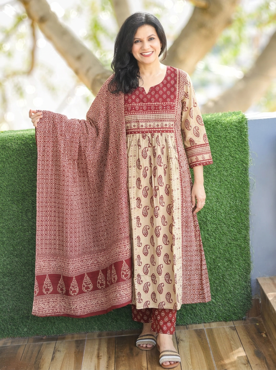 Parineeti Beige Red Panel Style Cotton 3 Piece Set