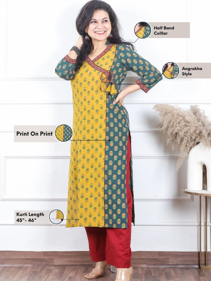 Naari Green Printed with Yellow Front Angrakha Style Work Cotton Kurti