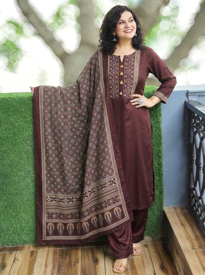 Vrinya Choco Brown Mirror Patola Print Yoke Gajji Silk Set