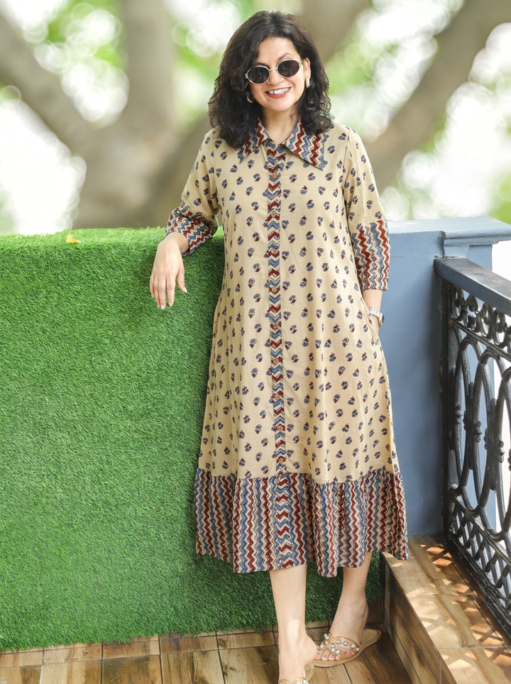 Asya Sand Beige Beige Ajrak Printed Button Down Cotton Dress