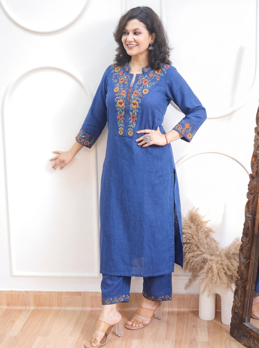 Narzia Denim Blue Embroidered Neck with Collar Linen Co-ord Set