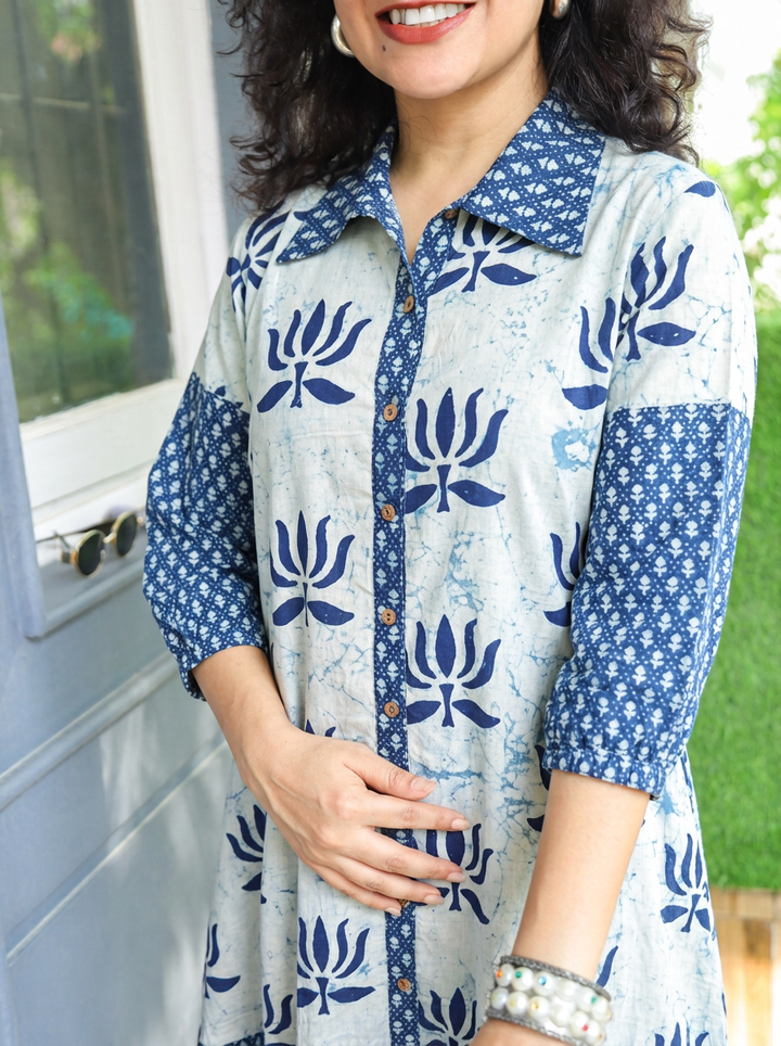 Asya Ice Blue with Blue Lotus Dabu Button Down Cotton Dress