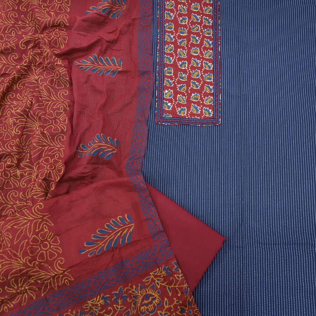 Ruhani Navy Blue Ajrak Cotton Top and Cotton Dupatta