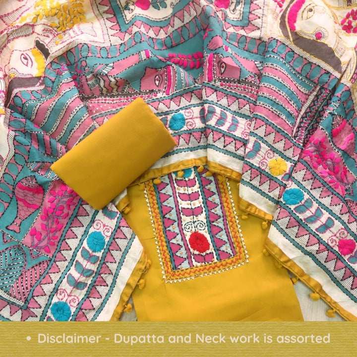 Kudiya Canary Yellow Phulkari Glazed Cotton Top With Art Silk Dupatta