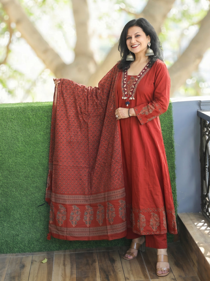 Anupriya Maroon Mirror Work Cotton 3 Piece Set