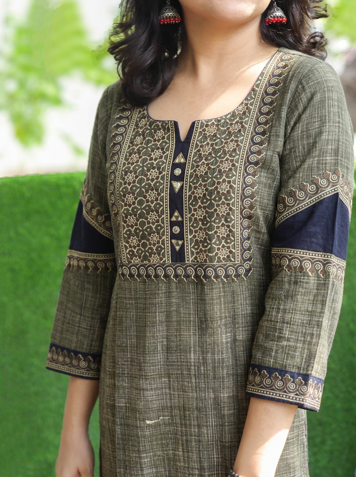 Mihika Mehendi Green Ajrakh Yoke Brush Print 2 Piece Set