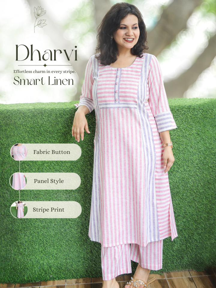 Dharvi White Pink Stripe Triple Panel Style Linen 2 Piece Set