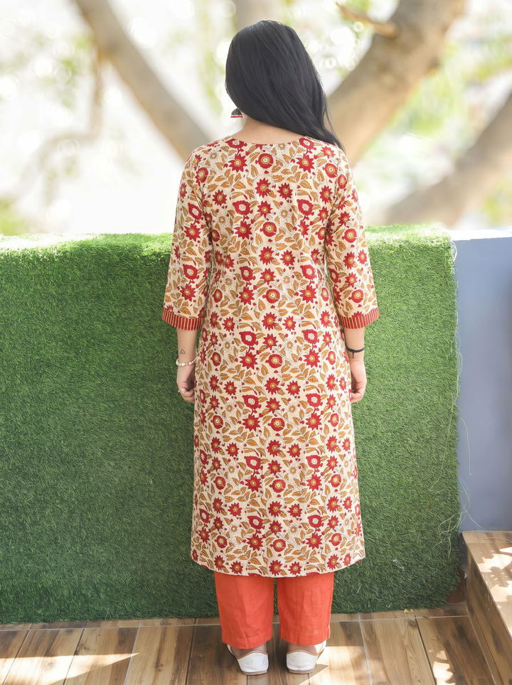 Jugni Beige Rust Stripe Angrakha Yoke Kalamkari Cotton Kurti