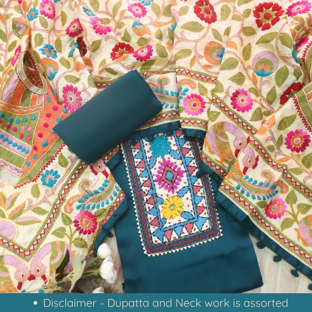 Kudiya Cerulean Blue Phulkari Glazed Cotton Top With Art Silk Dupatta