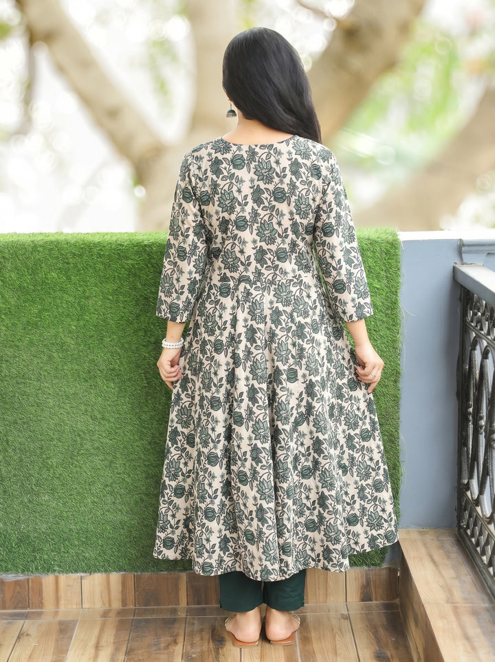 Palki White Green Kalamkari Anarkali Cotton Kurti