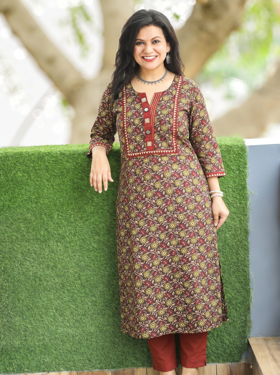 Rajashvi Choco Brown Mirror Work Yoke Cotton Kurti
