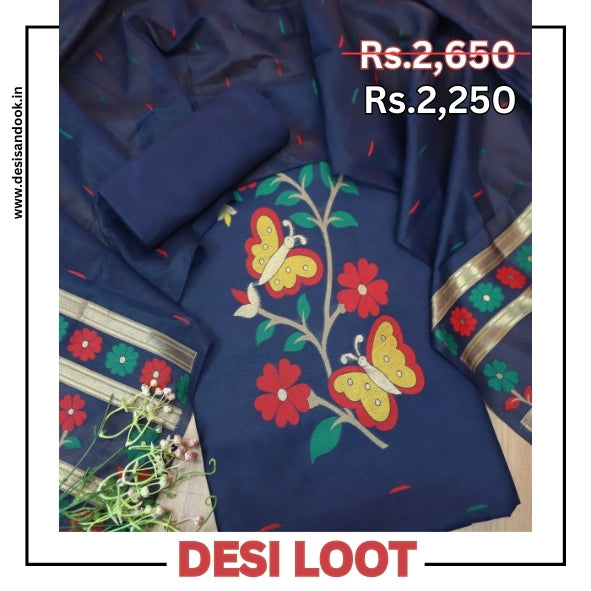 Ishika Royal Blue All Over Authentic and Floral Jamdani Weaved Hem Chanderi Set