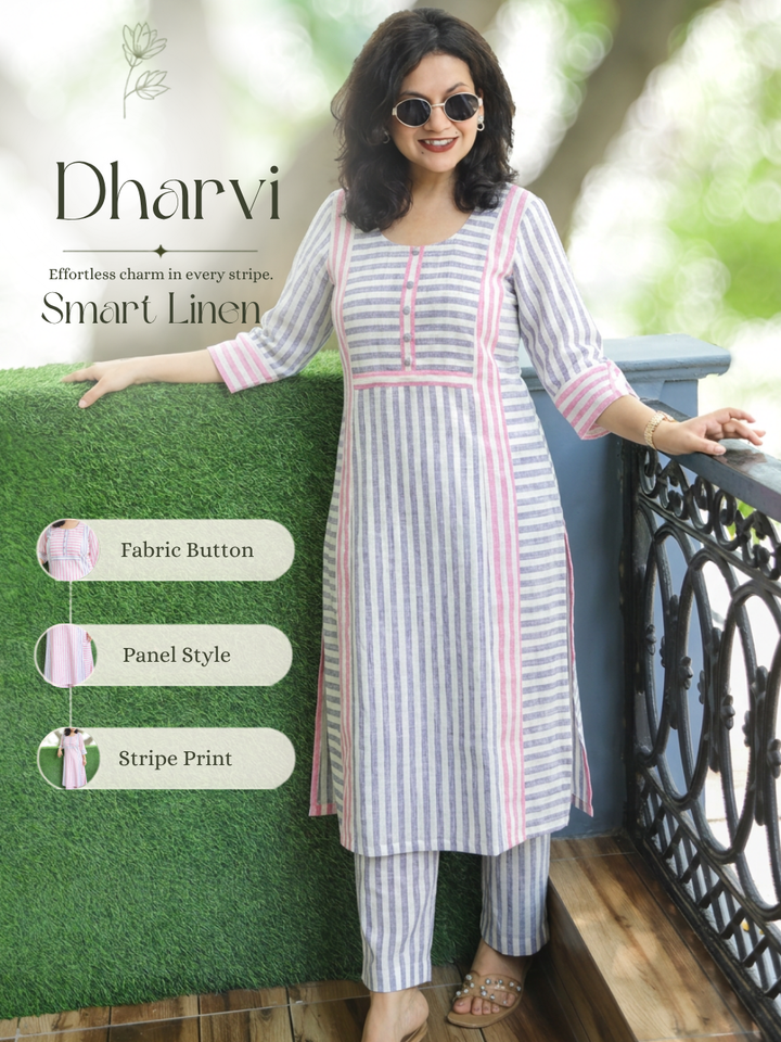 Dharvi White Lilac Stripe Triple Panel Style Linen 2 Piece Set