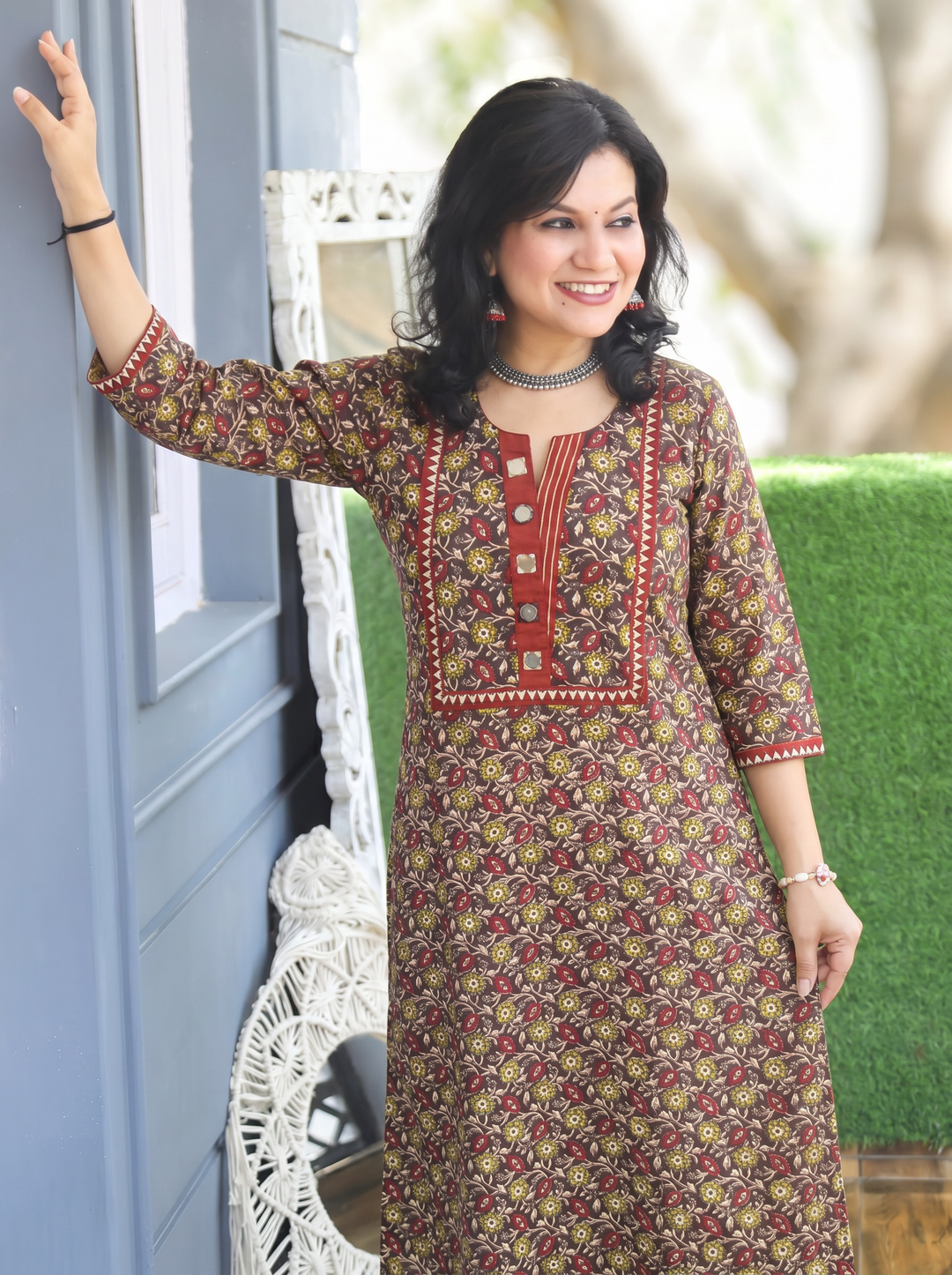 Rajashvi Choco Brown Mirror Work Yoke Cotton Kurti