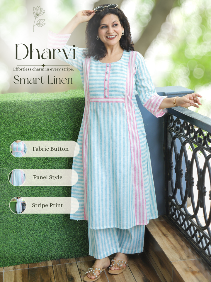 Dharvi White Teal Stripe Triple Panel Style Linen 2 Piece Set