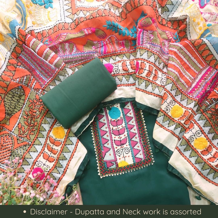 Kudiya Sacramento Green Phulkari Glazed Cotton Top With Art Silk Dupatta