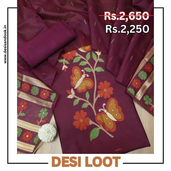 Ishika Dark Wine All Over Authentic and Floral Jamdani Weaved Hem Chanderi Set