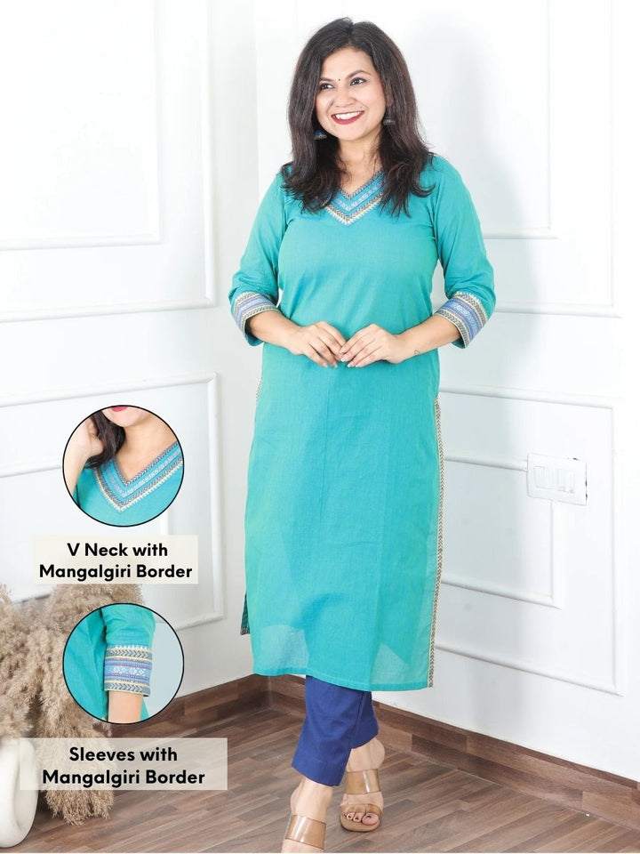Sunaina Sky Cyan Blue V Neck with Mangalgiri Lace Work South Cotton Kurti