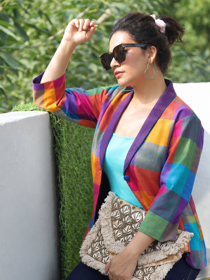 Selena Multicolor Madras Check Cotton Blazer