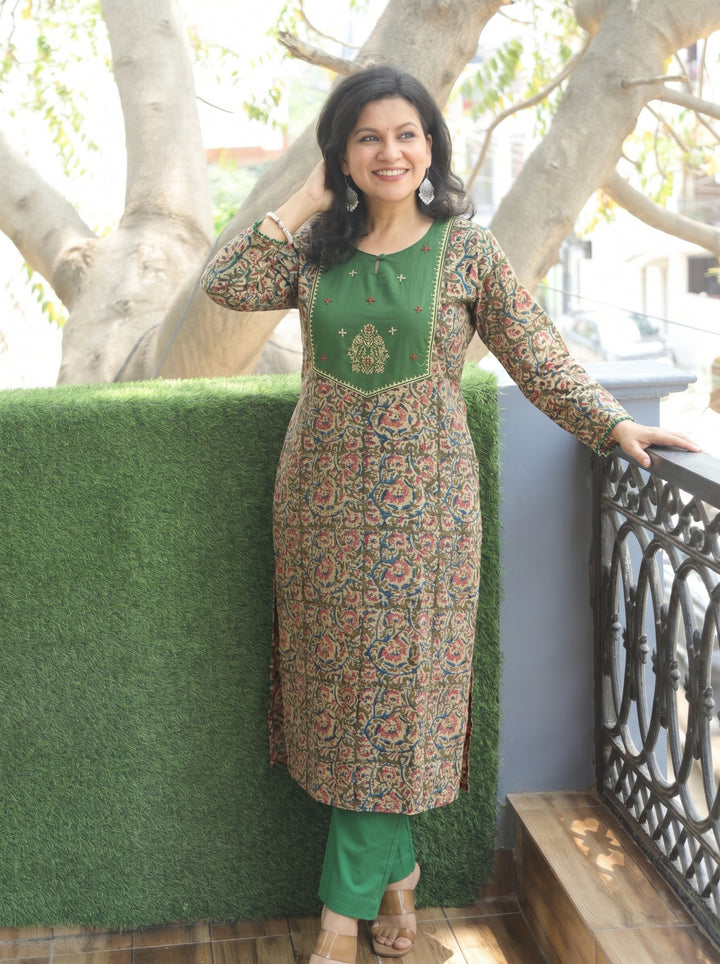 Darla Olive Green Kalamkari Cotton 2 PIece Set