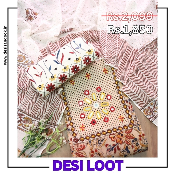 Sundari Beige with Red Mirror and Thread Yoke in Kalamkari Printed Cotton Suit Set