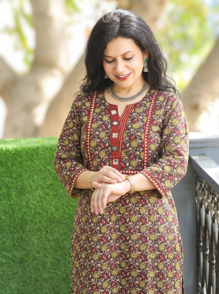 Rajashvi Choco Brown Mirror Work Yoke Cotton Kurti