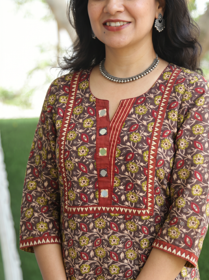 Rajashvi Choco Brown Mirror Work Yoke Cotton Kurti