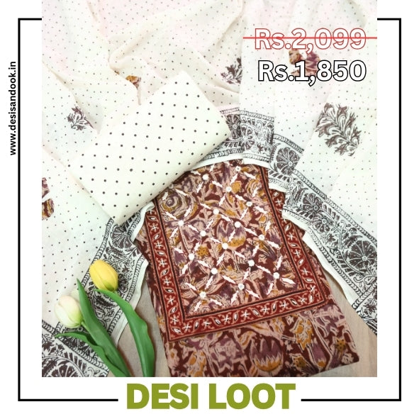 Sadhgi Maroon Wine Kalamkari Print with Applique Yoke with Mirror Cotton Suit Set