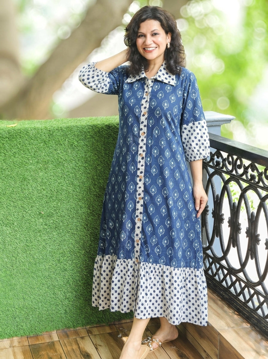 Misya Denim Blue Dabu Printed Button Down Cotton Dress