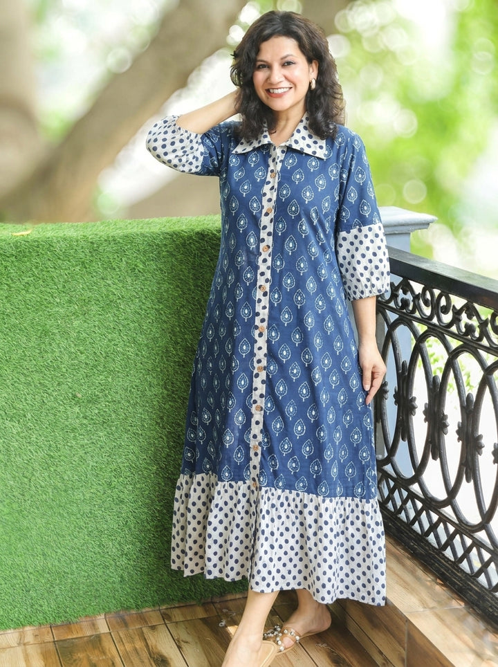 Misya Denim Blue Dabu Printed Button Down Cotton Dress