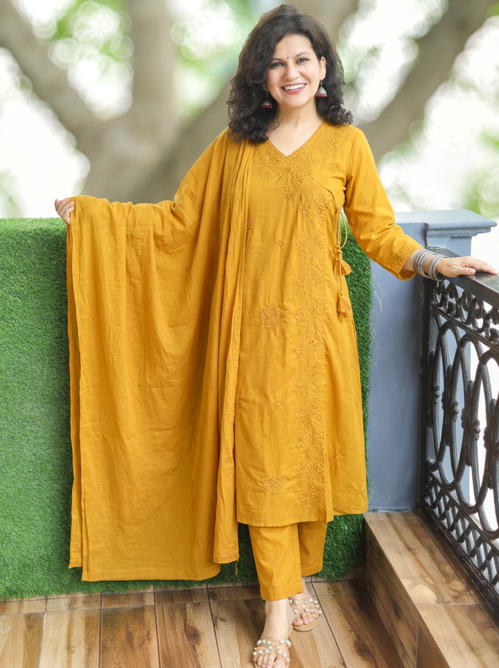 Soni Yellow Angrakha Embroidered Cotton 3 Piece Set