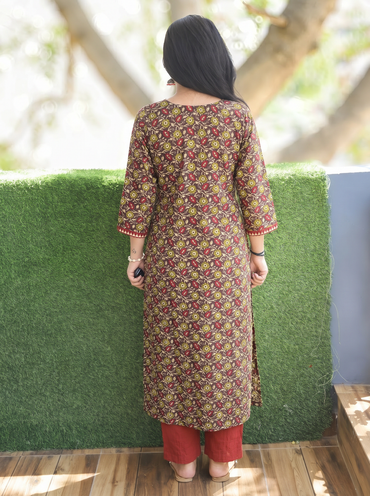Rajashvi Choco Brown Mirror Work Yoke Cotton Kurti