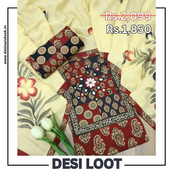Patrani Maroon Red Print Yoke with Mirror Detailing in Paisley Print Cotton Set