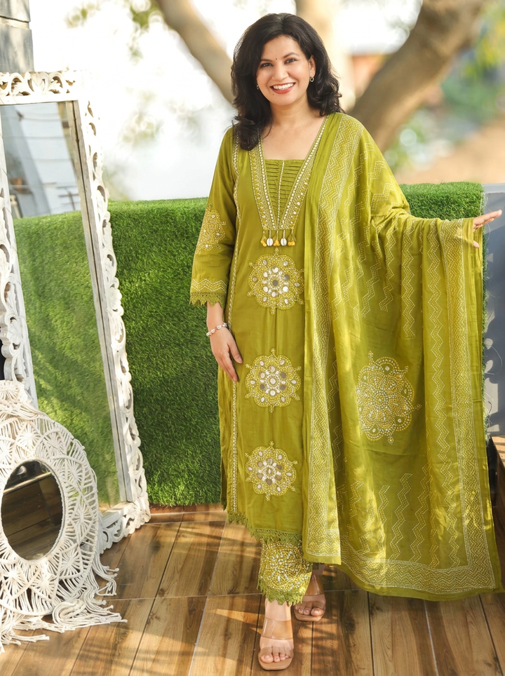 Kavya Green V Neck Panel Style Cotton 3 Piece Set