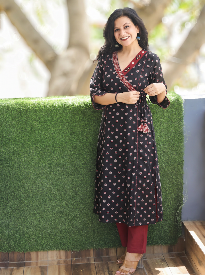 Varsha Ebony Black Angrakha Lotus Panel Cotton Kurti