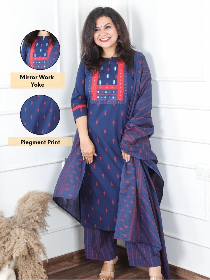Malikaa Dark Navy Blue in Mirror Work Yoke in Piegment Print Cotton 3 Piece Set