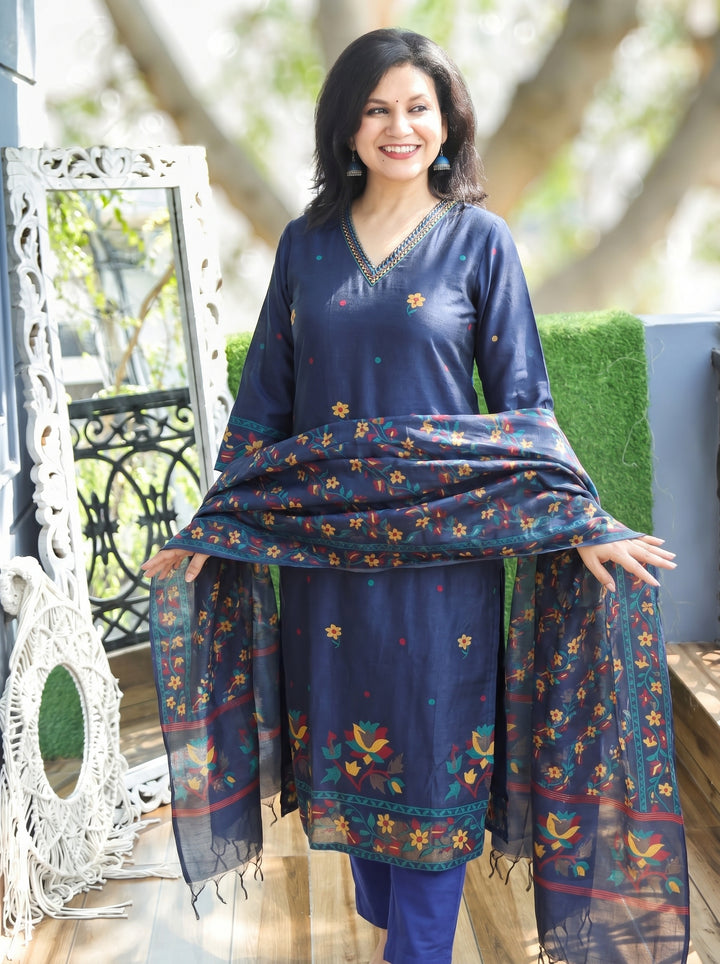 Saloni Blue Floral Jamdani 3 Piece Set