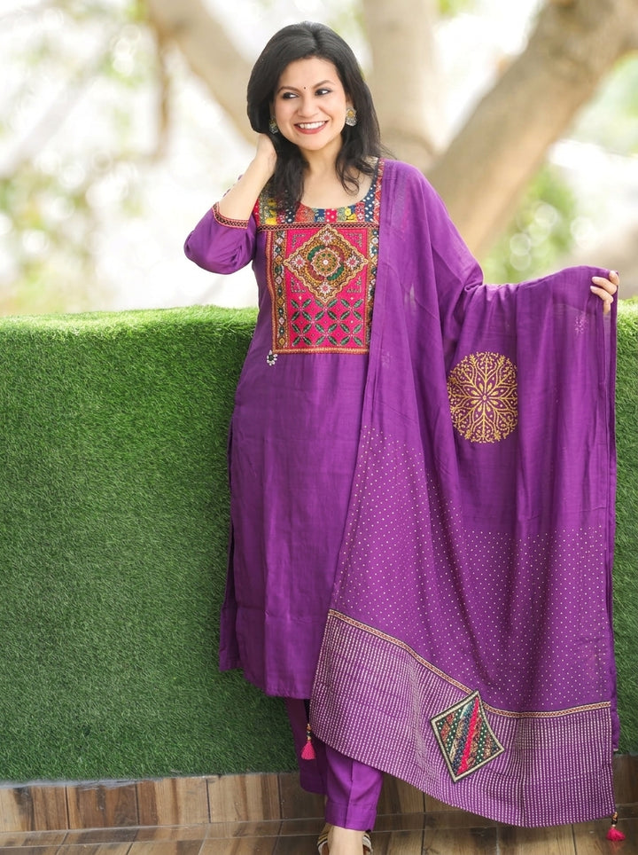 Arya Jamuni Purple Kutch Embroidery Modal 3 Piece Set