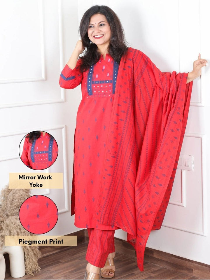 Malikaa Berry Red in Mirror Work Yoke in Piegment Print Cotton 3 Piece Set