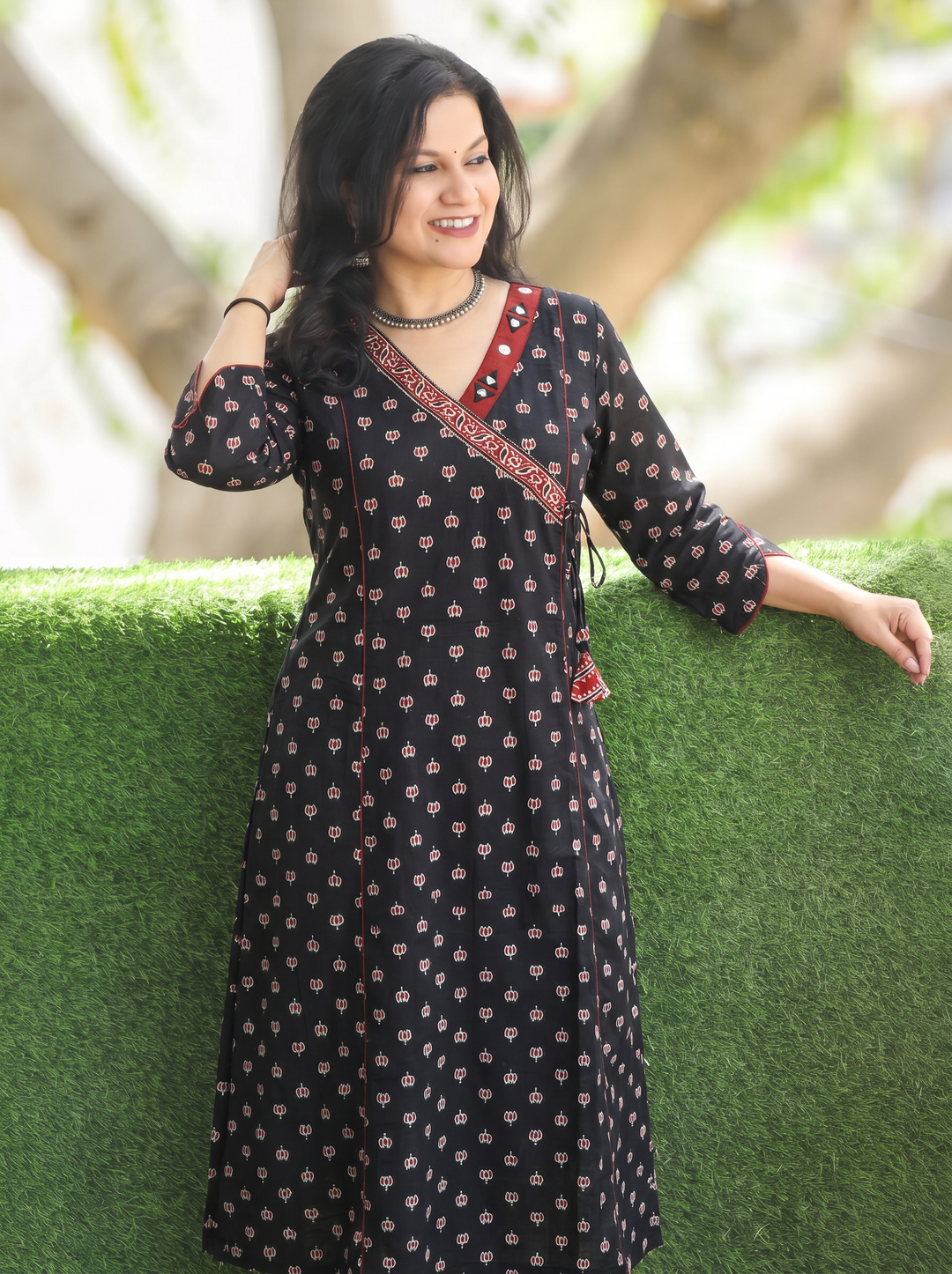 Varsha Ebony Black Angrakha Lotus Panel Cotton Kurti
