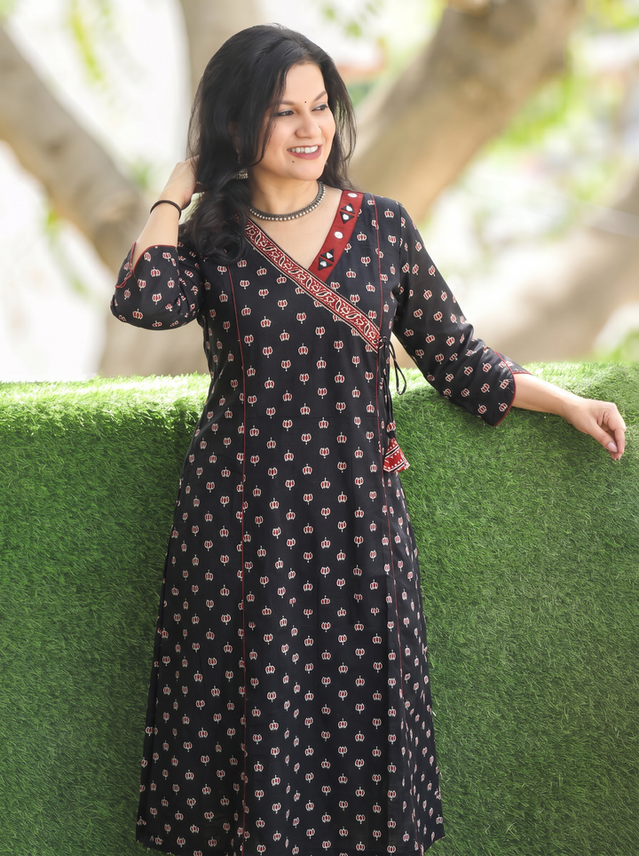 Varsha Ebony Black Angrakha Lotus Panel Cotton Kurti
