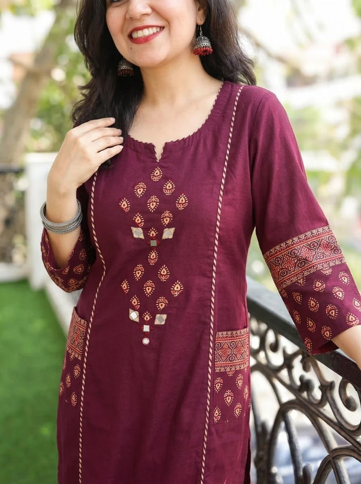 Karishma Burgundy Wine Gujjri Patch with Mirror Panel Style Cotton Co-ord Set