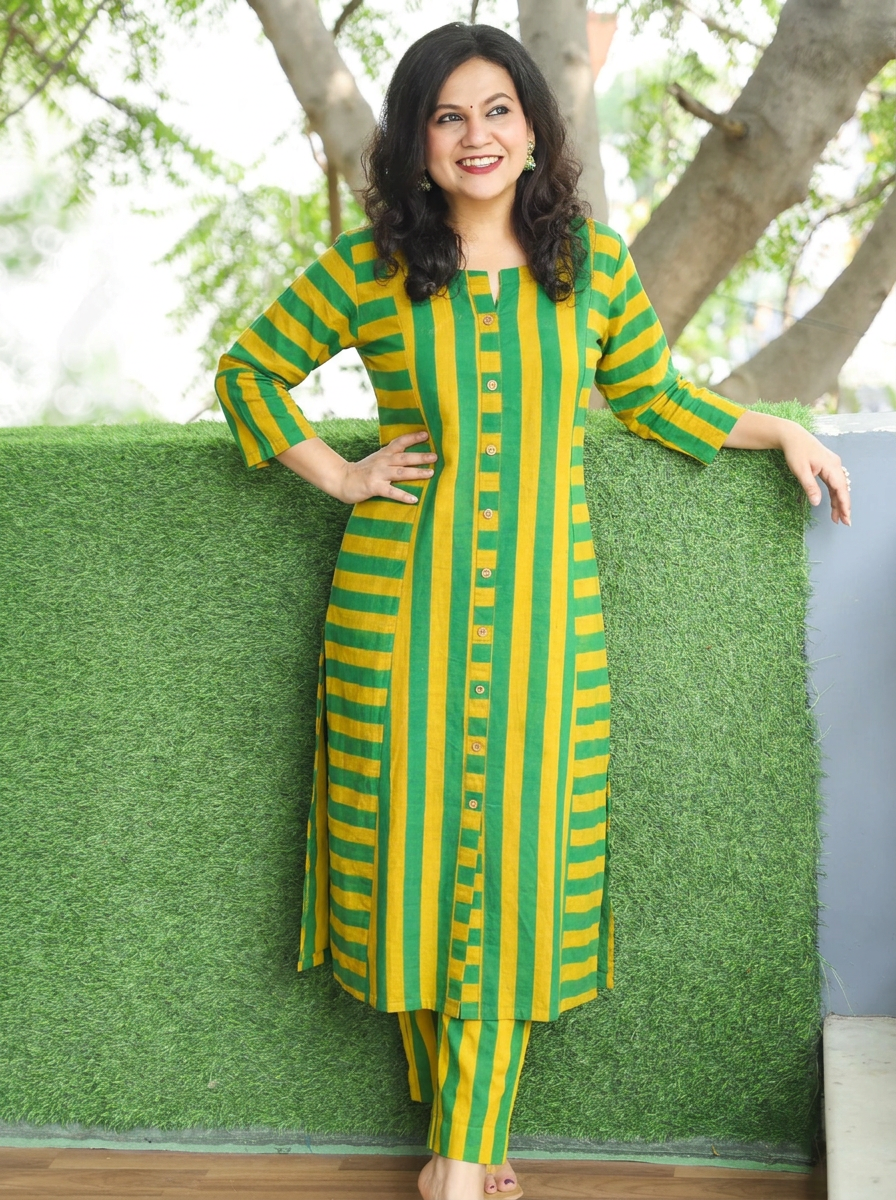 Anjali Neon Green Natural Ajrakh Print Button Down Panel 2 Piece Set